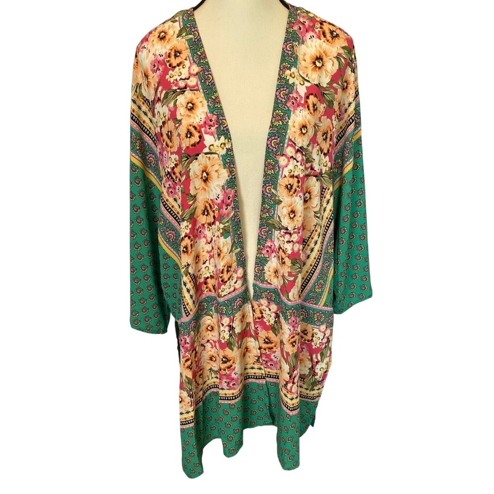 Umgee Floral Paisley Kimono Cardigan Womens 1XL Green Pink Boho Festival Gypsy
